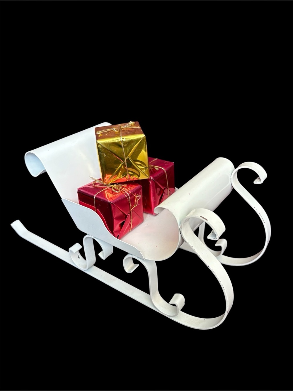 White Metal Sleigh with 3 Mini Wrapped Gift Boxes Christmas Holiday Home Decor